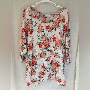 Bobbie Brooks Women's Plus Size 2X Blouse Knit 3/4 Sleeve Floral White Pink